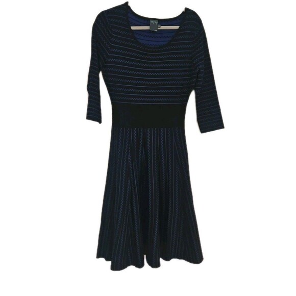 Gabby Skye Black & Royal Blue Check Geometric Sweater Dress LARGE, Flared Skirt - Picture 2 of 11